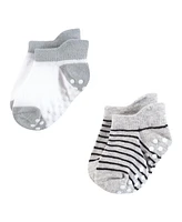 Hudson Baby Boys Non-Skid No-Show Socks, Black Gray Stripes, 12-24 Months