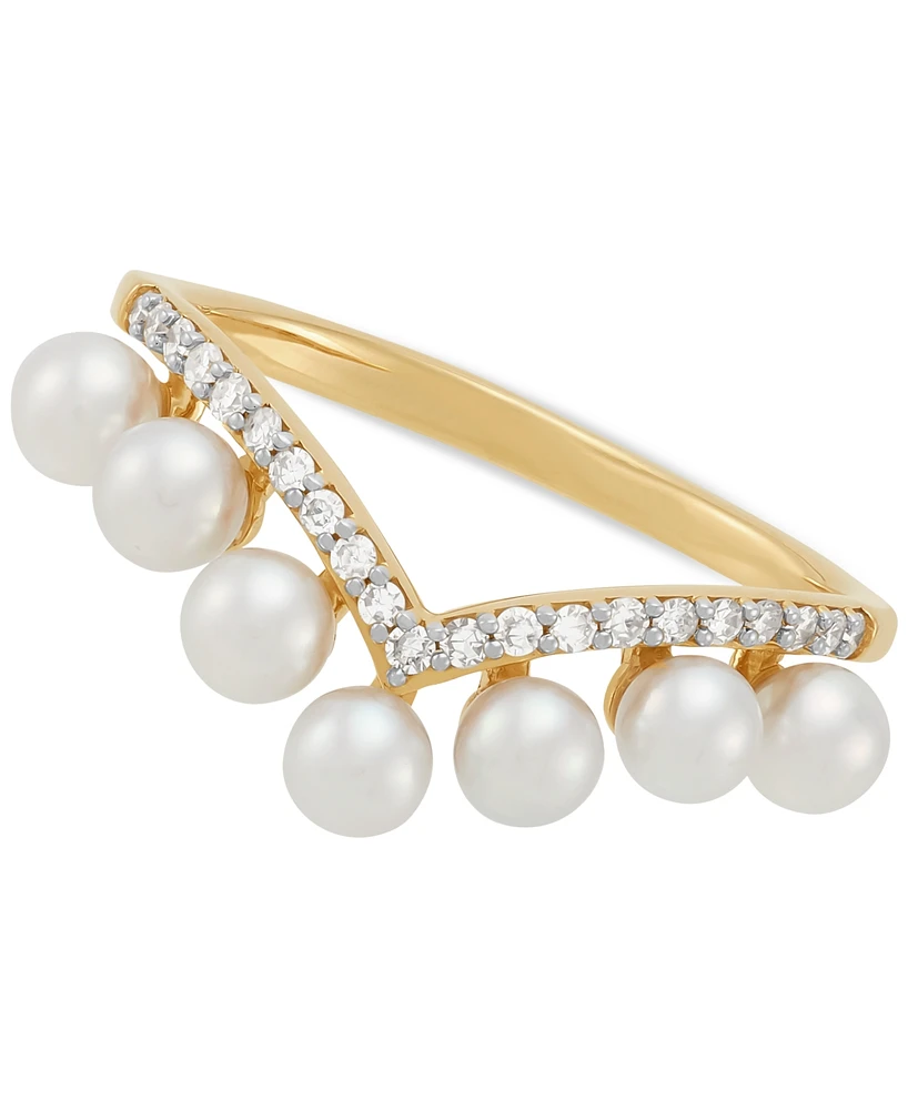 Honora Cultured Ming Pearl (3-1/2 - 4mm) & Diamond (1/6 ct. t.w.) Chevron Ring in 10k Gold