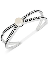 Cultured Freshwater Pearl (10-1/2mm) X Cuff Bangle Bracelet in Sterling Silver