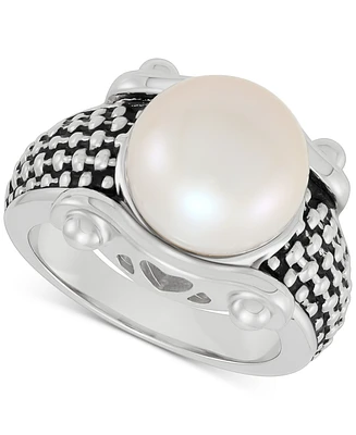 Cultured Freshwater Button Pearl (11-1/2mm) Basket Weave Statement Ring in Sterling Silver