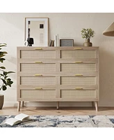 gaomon 8 Drawer Rattan Dresser, 47.2" x 15.7" x 37" Rattan Chest of Dressers, Mid Century Modern Dresser for Closet with Handles, Large Table Top, Dre