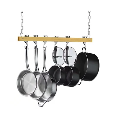 Slickblue Ceiling Mounted Wooden Pot Rack with 4 Pan Hanging Hooks and 2 Swivel Hooks