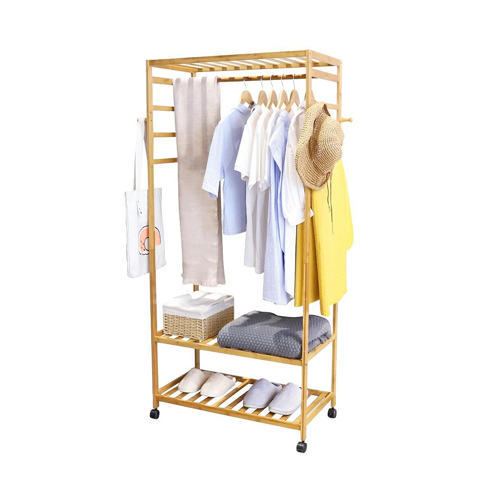 Unho Bamboo Wooden Rolling Clothes Rail: Garment Hanging Stand with Storage Shelves