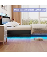 Dyhome Floating Bed Frame Queen with Headboard Storage, Bed Frame Queen Size with Charging Station & Led Lights, Pu Leather Upholstered Platform Bed F