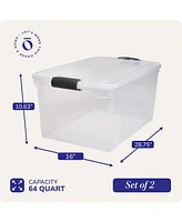 Homz 64Qt Stackable Plastic Storage Bin Container Box w/Latch Lid, Clear(2 Pack)