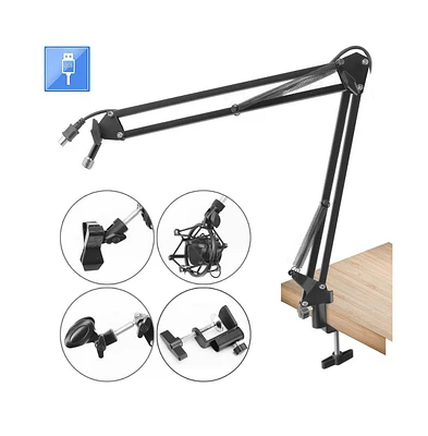 Pyle Adjustable Scissor Arm Microphone Stand with Usb Cable, Shock Mount, and Desk Clamp