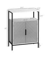 Homcom Storage Cabinet with Open Shelf and Double Door Cupboard, Accent Cabinet with Herringbone Panel and Steel Frame, Gray