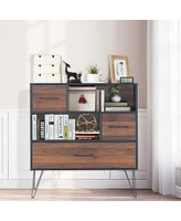 Gouun 3-Tier Wood Storage Cabinet with Drawers and 4 Metal Legs