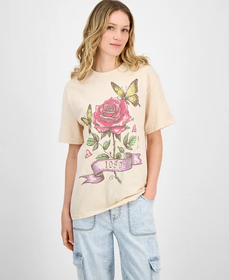 Rebellious One Juniors' Rose Butterfly Graphic-Print Cotton T-Shirt