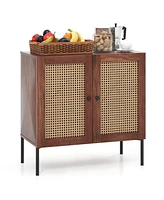 Gouun Kitchen Sideboard with 2 Rattan Doors and Adjustable Shelf
