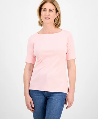 Style & Co Petite Cotton Elbow-Sleeve Boat-Neck Top, Exclusively at Macy's