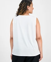 Kasper Plus Size Sleeveless Jeweled Pleat-Neck Blouse