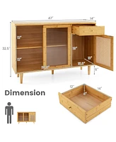 Gouun Modern Bamboo Buffet Sideboard Cabinet with Tempered Glass Sliding Doors