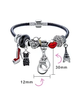 Bling Jewelry Handcuff Themed Multi Charm Heart Charm Bracelet Black Leather Sterling Silver 6.5-8"