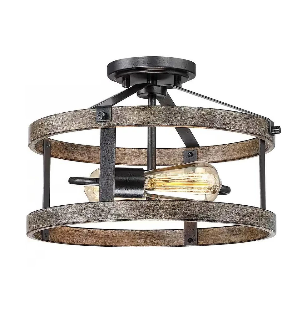 Slickblue Round Metal Wood Farmhouse 2-Light Ceiling Lamp - Semi-Flush Mount