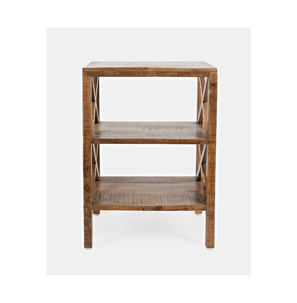 Jofran Global Archive Solid Wood Rustic Modern X-Side Accent Bookcase with Two Shelves