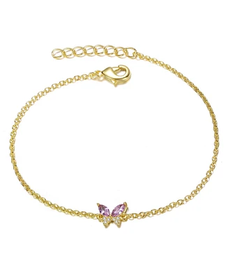 14k Gold Plated with Pink Cubic Zirconia Butterfly Charm Bracelet