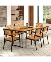 Gymax Dining Chair Set of 4 w/Acacia Wood Backrest Slanted Seat Comfortable Armrests