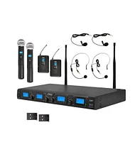 Pyle 4-Channel Uhf Wireless Microphone System Kit with (2) Handheld Mics, (2) Beltpack Transmitters, (2) Lavalier Mics & (2) Headset Mics