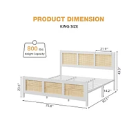 gaomon King Size Rattan Bed Frame with Headboard, White Boho Cane Platform Bed Frame with Strong Metal Slat, Noise Free
