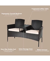 Gymax Patented Cushioned Rattan Wicker Patio Conversation Set Loveseat Table