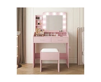 gaomon Vanity Desk with Mirror and Lights, Makeup Vanity with Power Outlet & Cushioned Stool, 3 Lighting Modes Adjustable Brightness