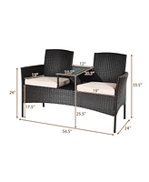 Gymax Patented Cushioned Rattan Wicker Patio Conversation Set w/ Loveseat Table Brown