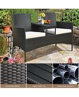 Gymax Patented Cushioned Rattan Wicker Patio Conversation Set w/ Loveseat Table Brown