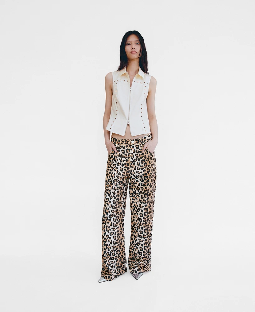 Mango Women's Leopard-Print Wide Leg Jeans