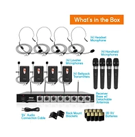 Pyle 8-Channel Wireless Microphone System with 4 Lavalier Mics, 4 Headsets, & 4 Handheld Mics