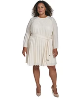 Dkny Plus Size Pleated Tie-Front A-Line Long-Sleeve Dress