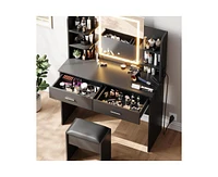 gaomon Vanity Desk with Mirror and Lights, Makeup Vanity Set w/Desk and Stool, Power Outlet, Makeup Vanity Desk with 6 Storage Shelves