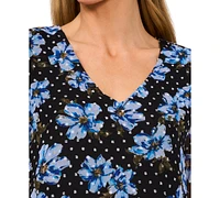 CeCe Women's Floral Elbow-Sleeve Ruffle V-Neck Blouse