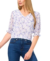 CeCe Women's Floral Elbow-Sleeve Ruffle V-Neck Blouse