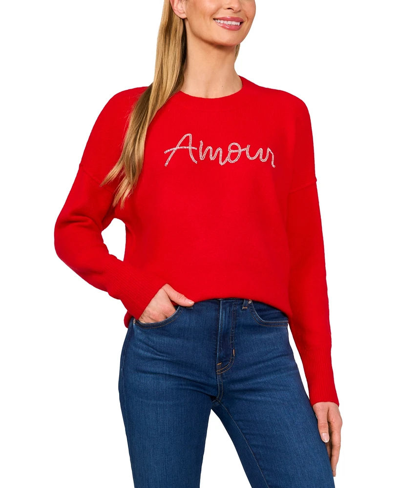 CeCe Women's Valentine Beaded Amour Script Crewneck Long-Sleeve Sweater