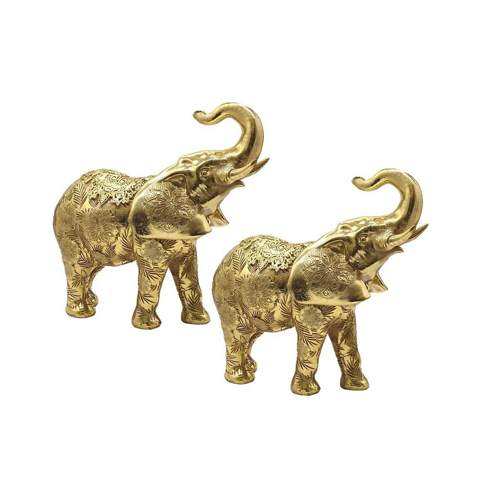 Fc Design "2-pc Set" 10.25"W Gold Thai Elephant with Trunk Up Figurine Statue Ornament Home Room Office Decor and Perfect Ideas for Housewarming, Holi