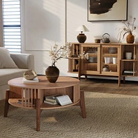 LuxenHome Round Coffee Table with Storage 31.5" Oak Finish Wood Center Accent Tables with Wood Legs
