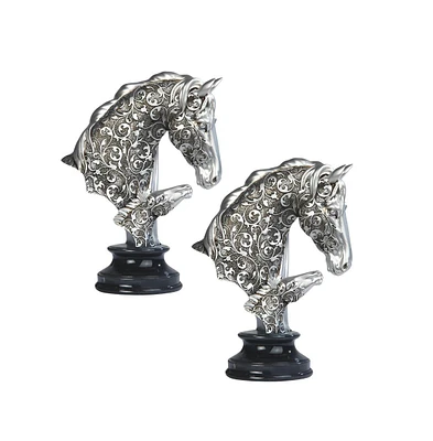 Fc Design "2-pc Set" 10"H Decorative Craved Silver Horse Head Bust Figurine with Base Figurine Statue Ornament Home Room Office Decor and Perfect Idea