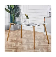 Slickblue Glass Top Dining Table with Wood-Look Metal Legs for Modern Dining Spaces