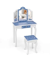 Costway Kids Vanity Set Toddler Makeup Table & Stool with Tri-folding Mirror Drawer Light