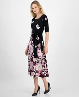 Kasper Women's Floral Belted Elbow-Sleeve Fit & Flare Dress, Regular and Petite Sizes