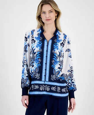 T Tahari Women's Printed Blouson-Sleeve Blouse