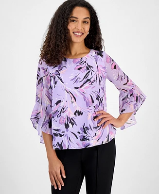 Kasper Petite Printed Ruffle-Sleeve Blouse, Regular and