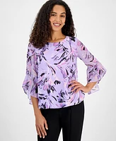 Kasper Petite Printed Ruffle-Sleeve Blouse, Regular and Sizes