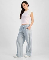 Juniors Cap Sleeve Baseball T Shirt Seersucker Drawstring Pajama Pants