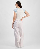 Juniors Cap Sleeve Baseball T Shirt Seersucker Drawstring Pajama Pants