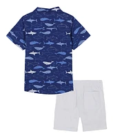Kids Headquarters Toddler and Little Boys Short Sleeve Fish Print Poplin Shirt Twill Shorts