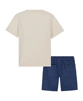 Calvin Klein Toddler and Little Boys Short Sleeve Logo Tee Printed Twill Shorts, 2-Piece Set