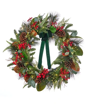 Seasonal 28" Pre-Lit Magnolia Leaf, Eucalyptus and Berry Wreath