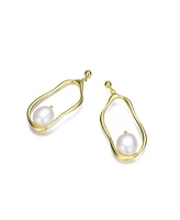 Genevive Stylish Sterling Silver with 14K Gold Plating and Genuine Freshwater Pearl Dangling Earrings